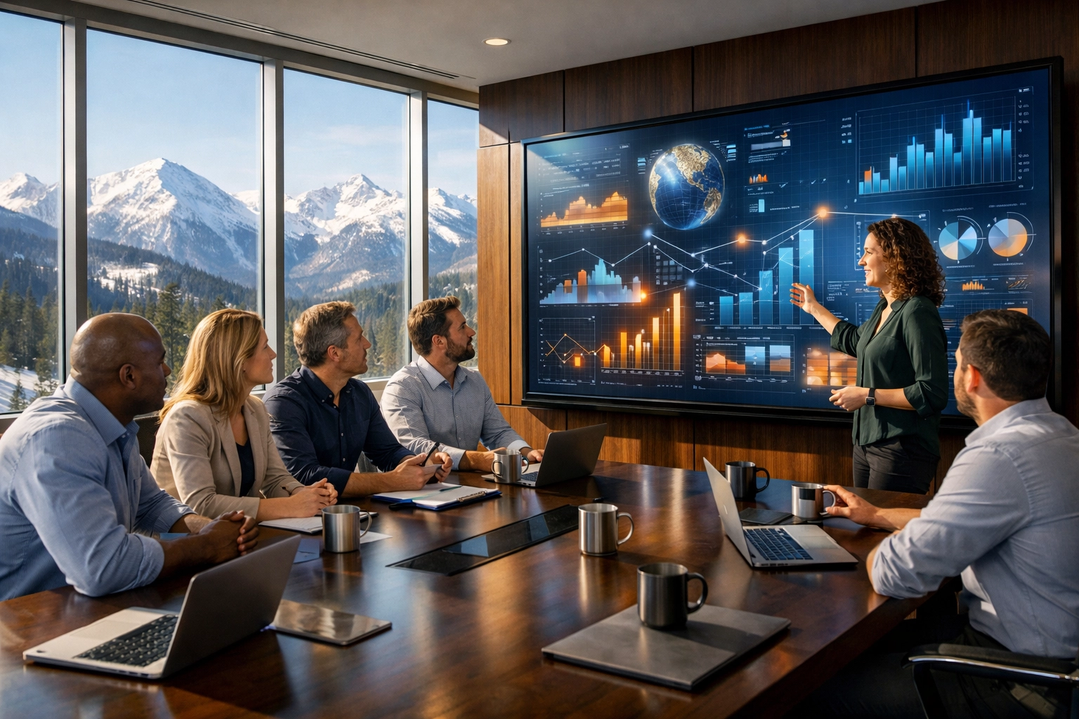 Strategic consultants discussing brand partnership strategy during a morning Dakdan Worldwide tech briefing.