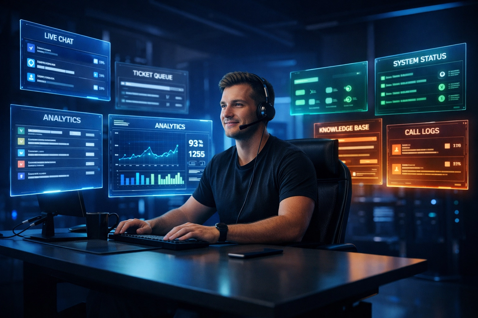 A support professional managing AI-augmented tickets through an efficient, high-tech digital interface.
