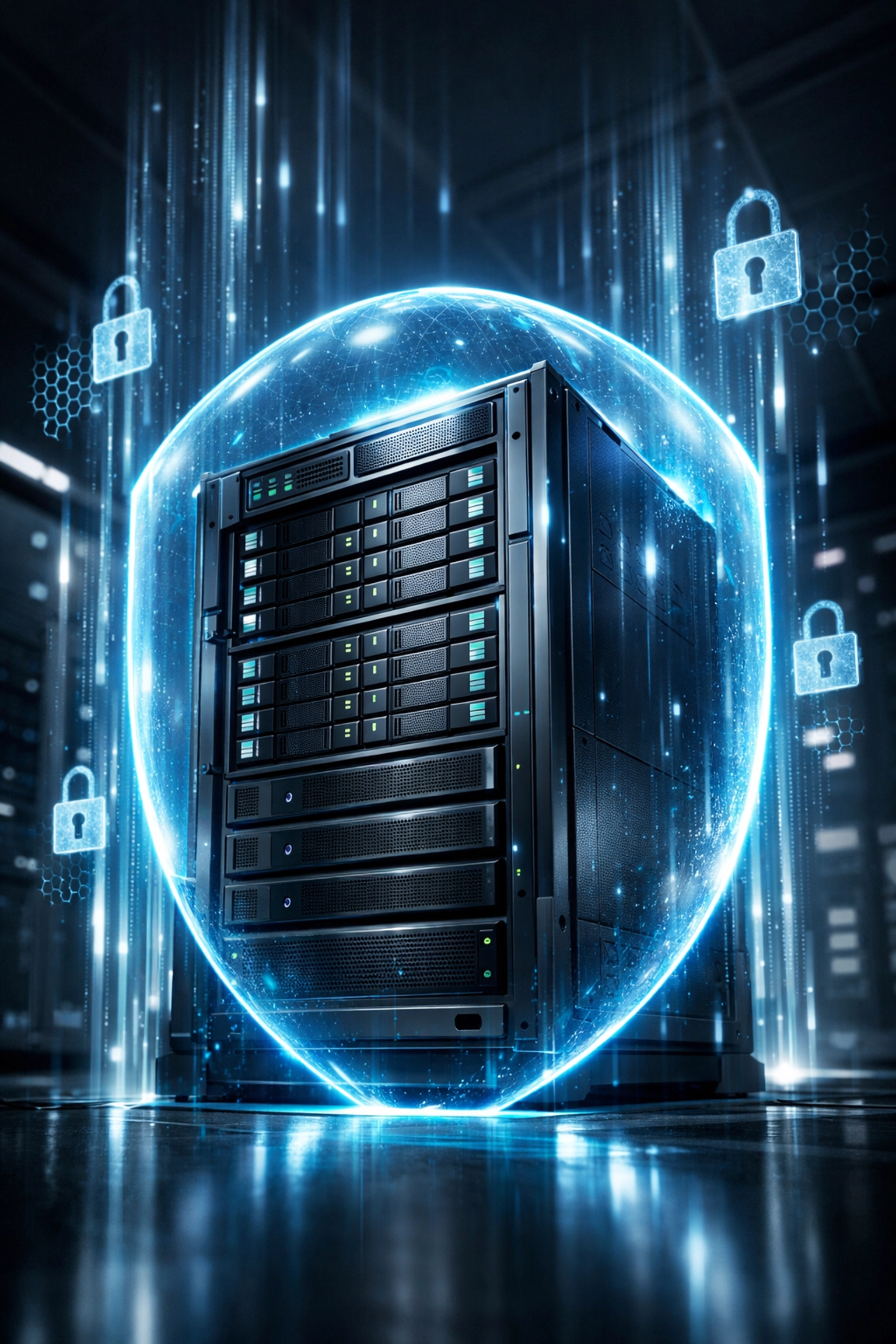 Secure server with digital protection shield illustrating hardened data backup and recovery solutions.