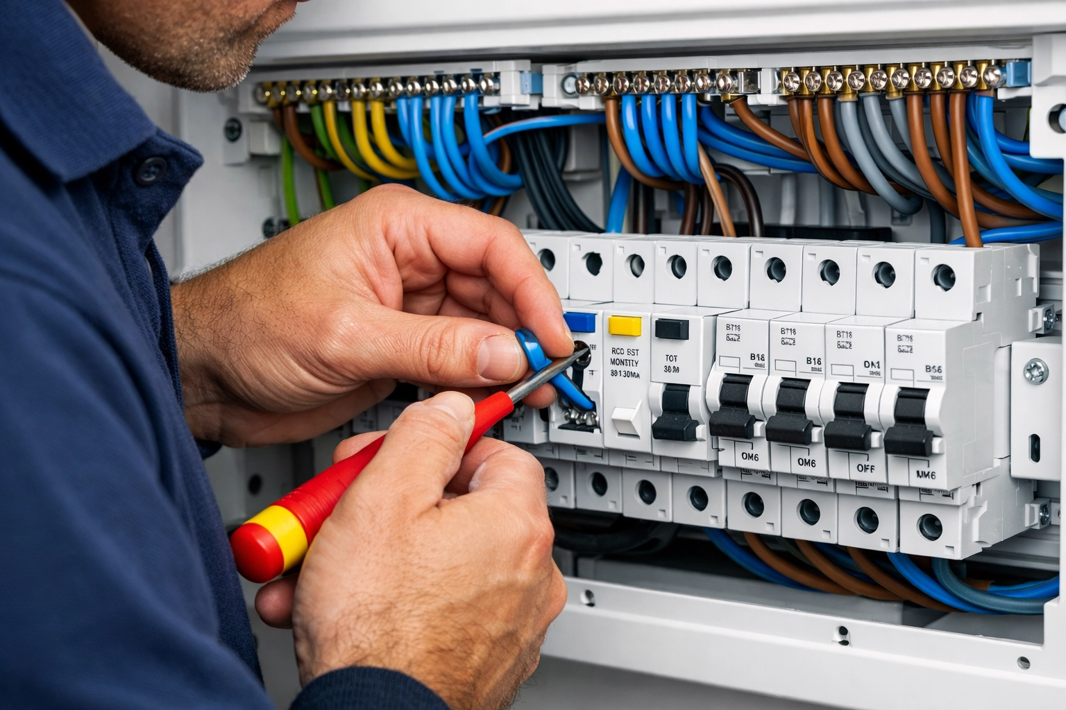 Professional Bournemouth electrician installing a modern UK consumer unit and checking circuit safety.