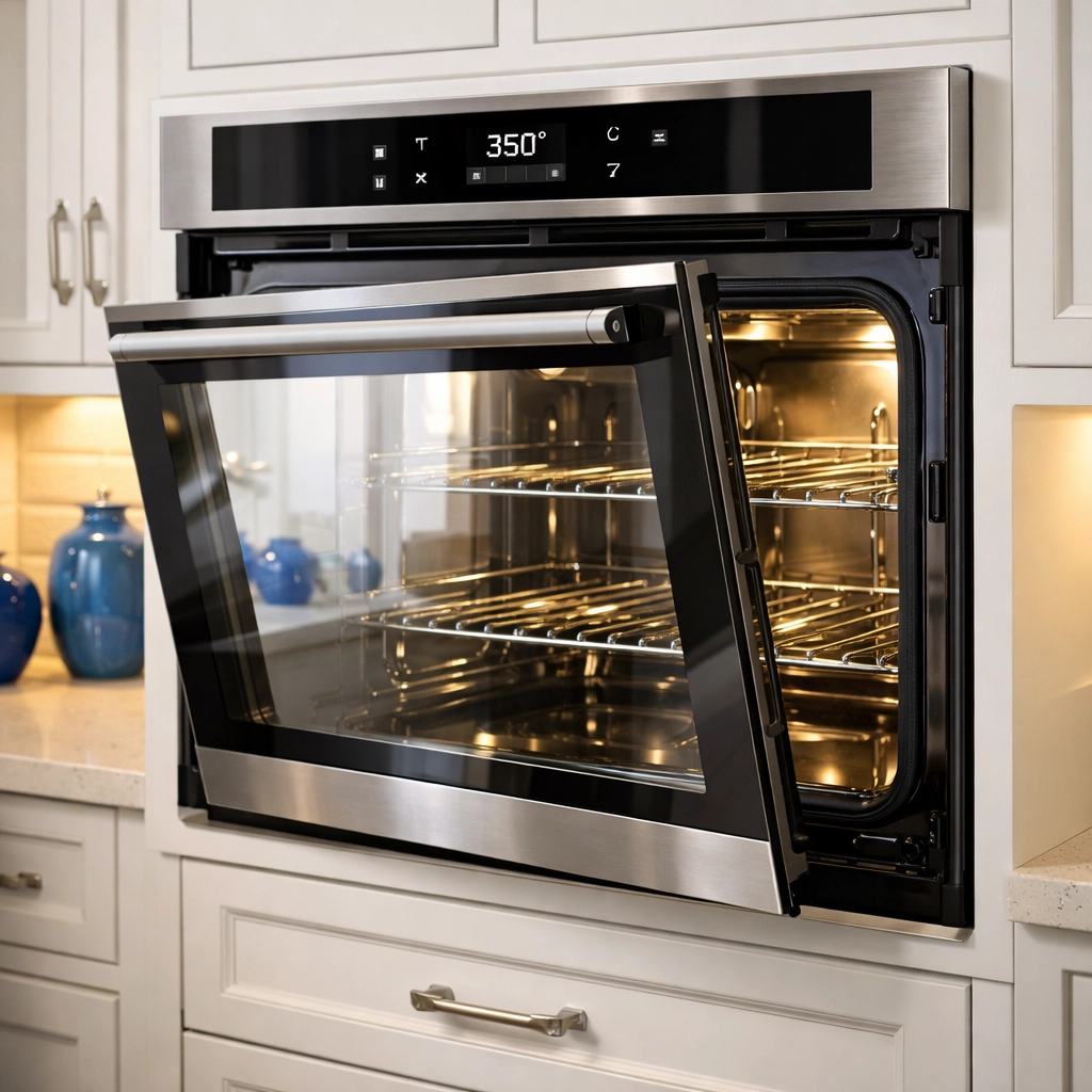 A spotless, built-in oven with shiny stainless steel racks and a streak-free clean glass door.