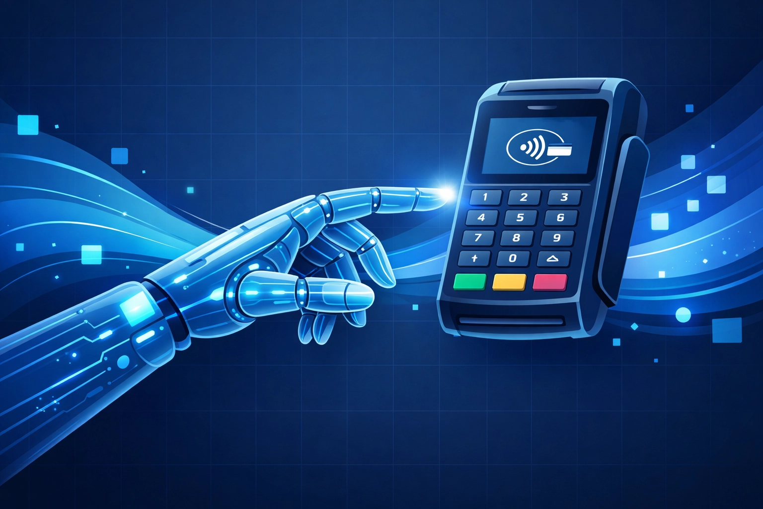Robotic hand using a digital payment terminal symbolizing autonomous AI agents in fintech.