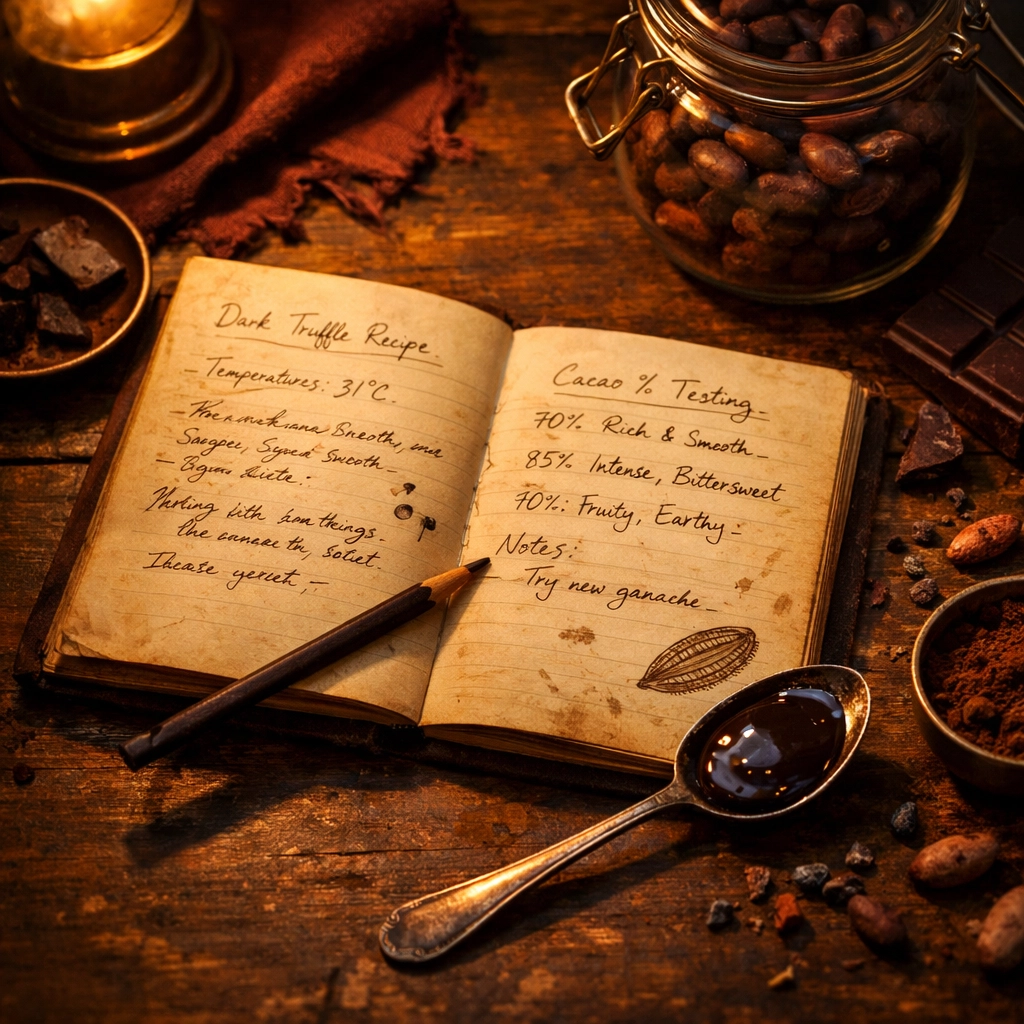 Artisan chocolate maker's workspace with cacao beans and handwritten notes