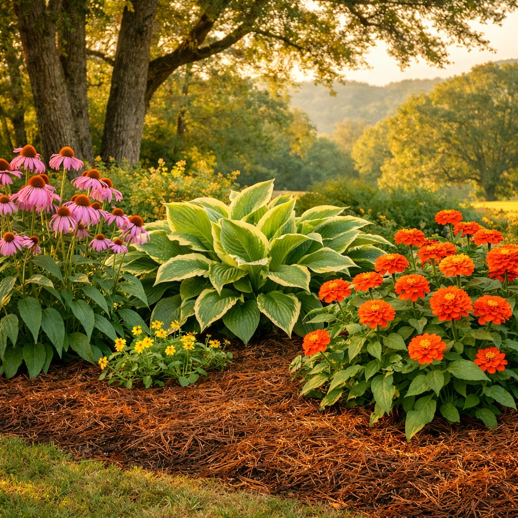 Vibrant Chattanooga garden design featuring native Zone 7b plants and professional pine needle mulch.