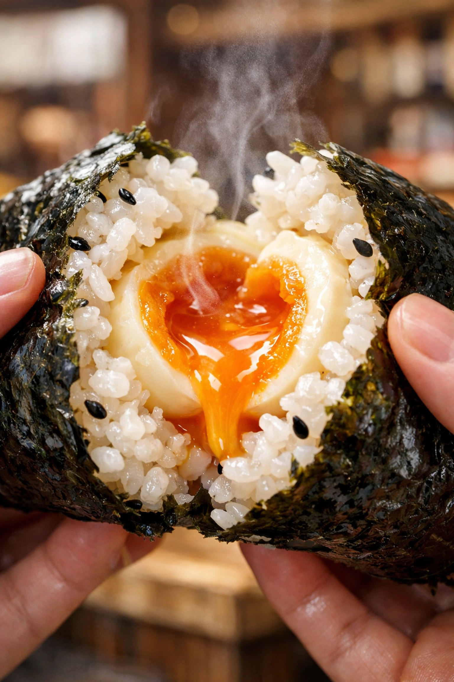 A fresh Bakudan onigiri rice ball with a soft-boiled egg from a street food stall in Tsukiji.