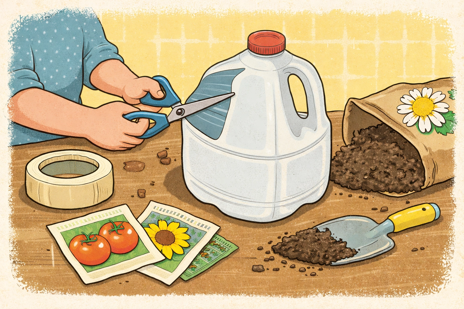 Child's hands cutting a milk jug for a DIY greenhouse with soil, tape, and seed packets, illustrating kid-friendly seed starting prep.