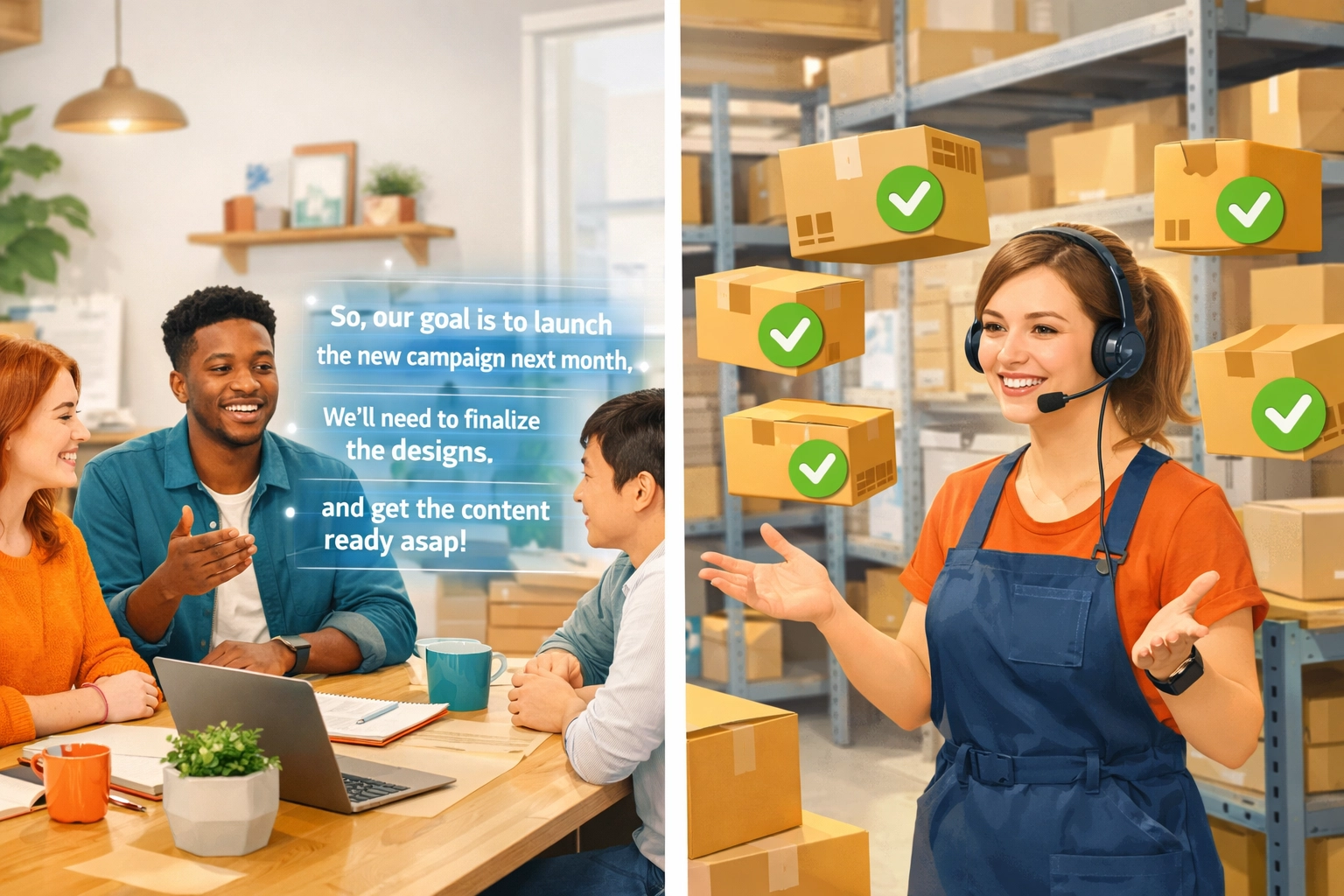 Small business team using speech technology for real-time transcription and hands-free operations