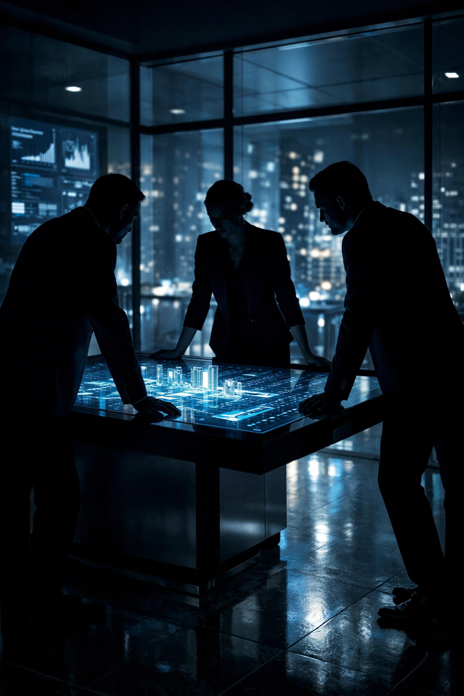 Corporate leaders in a war room conducting a digital crisis management simulation for emergency response planning.