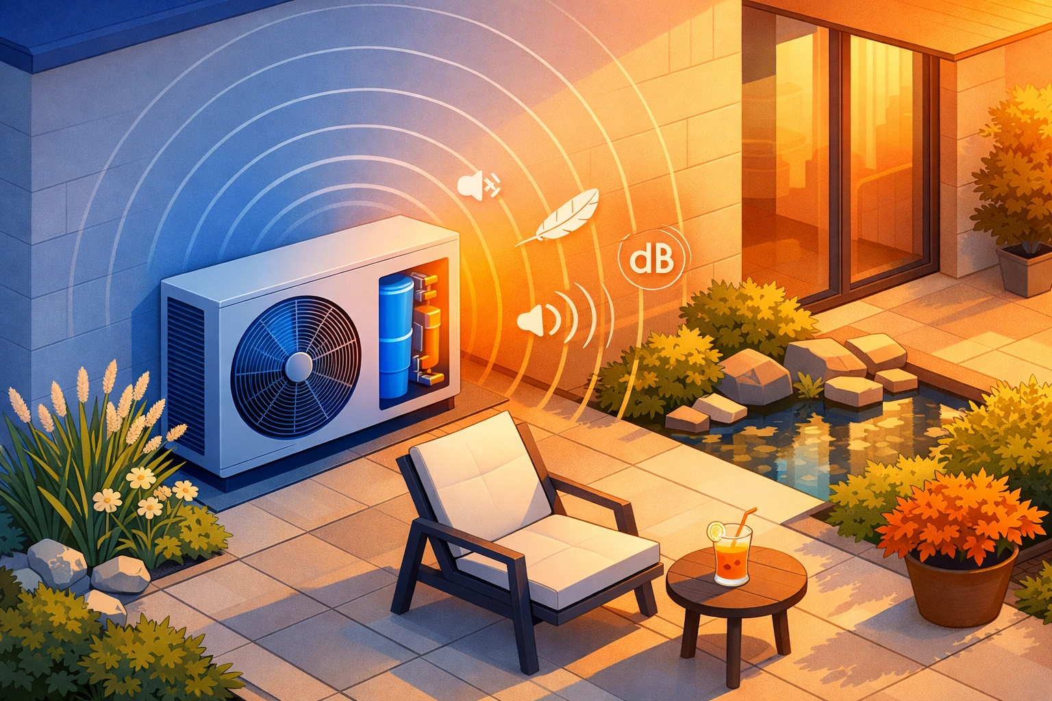 Quiet air source heat pump installation in a Surrey garden patio demonstrating durable and silent summer cooling.