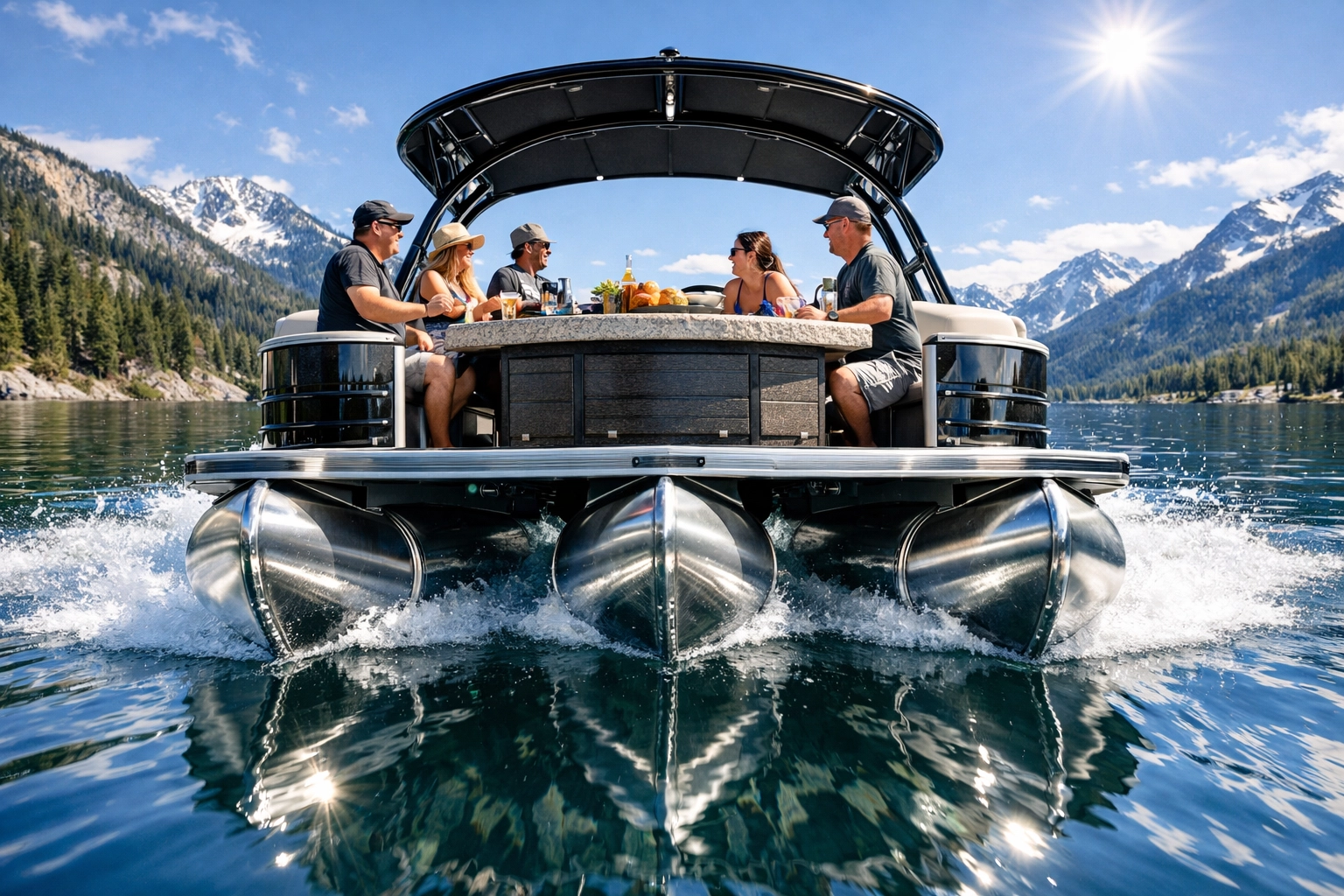 A stable tritoon boat cruising with an integrated stone kitchen island and entertaining station.