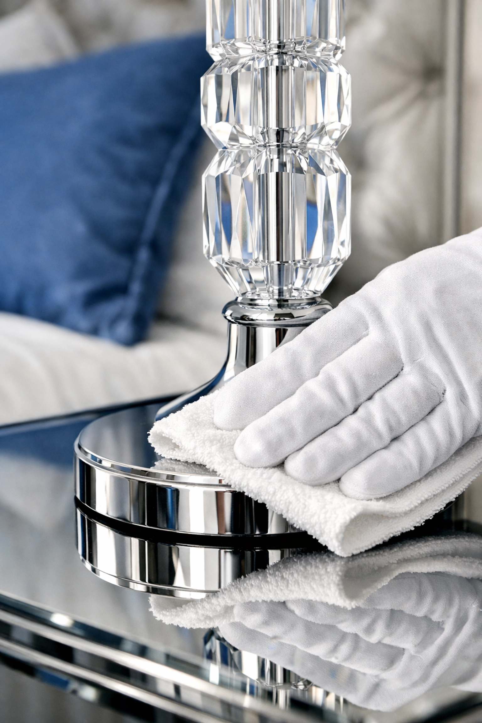 Close-up of professional deep cleaning in Natick, removing dust from a bedside lamp for a sanitized bedroom.