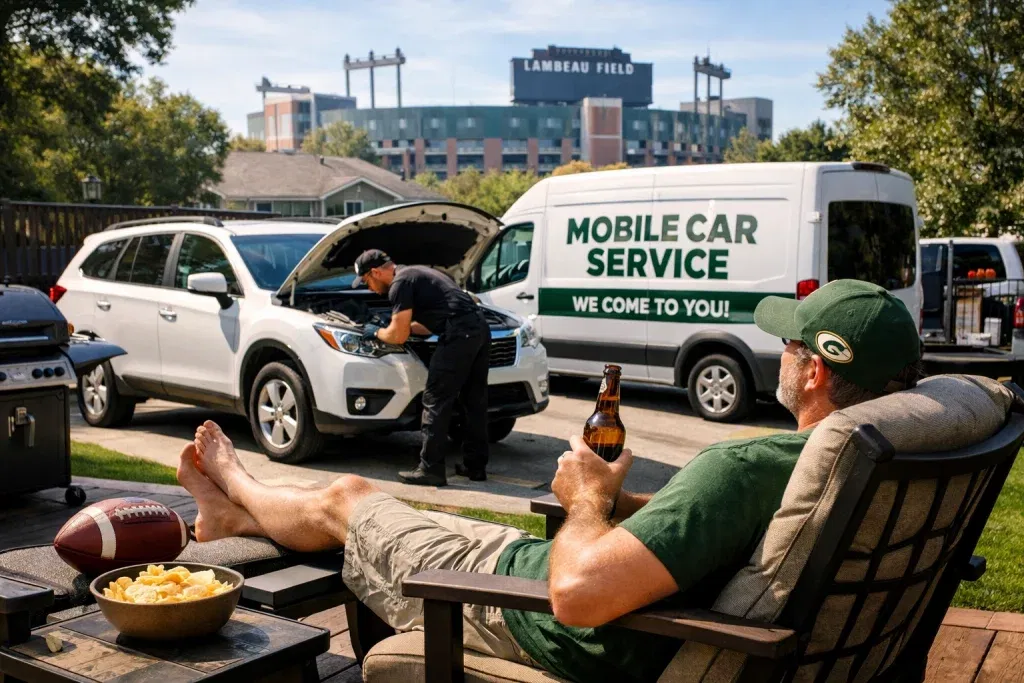 A mobile car service technician performs maintenance on a white SUV in a driveway