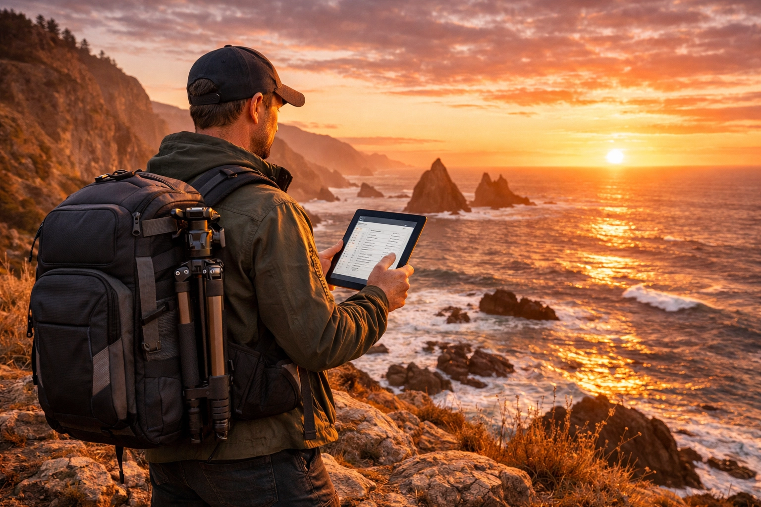 Successful travel photographer standing on a scenic coastline at golden hour with professional gear.