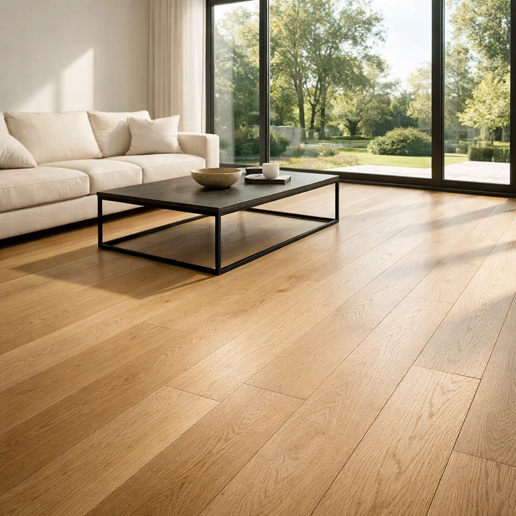 Natural White Oak hardwood floors in a sun-drenched North Shore Chicago living room.