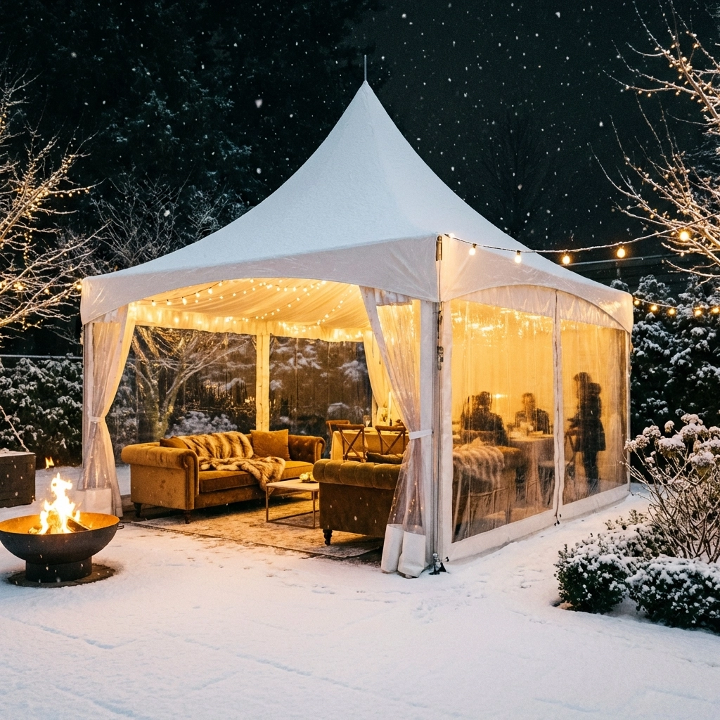 Heated event tent in a snowy backyard with glowing lights and cozy furnishings, ideal for winter gatherings
