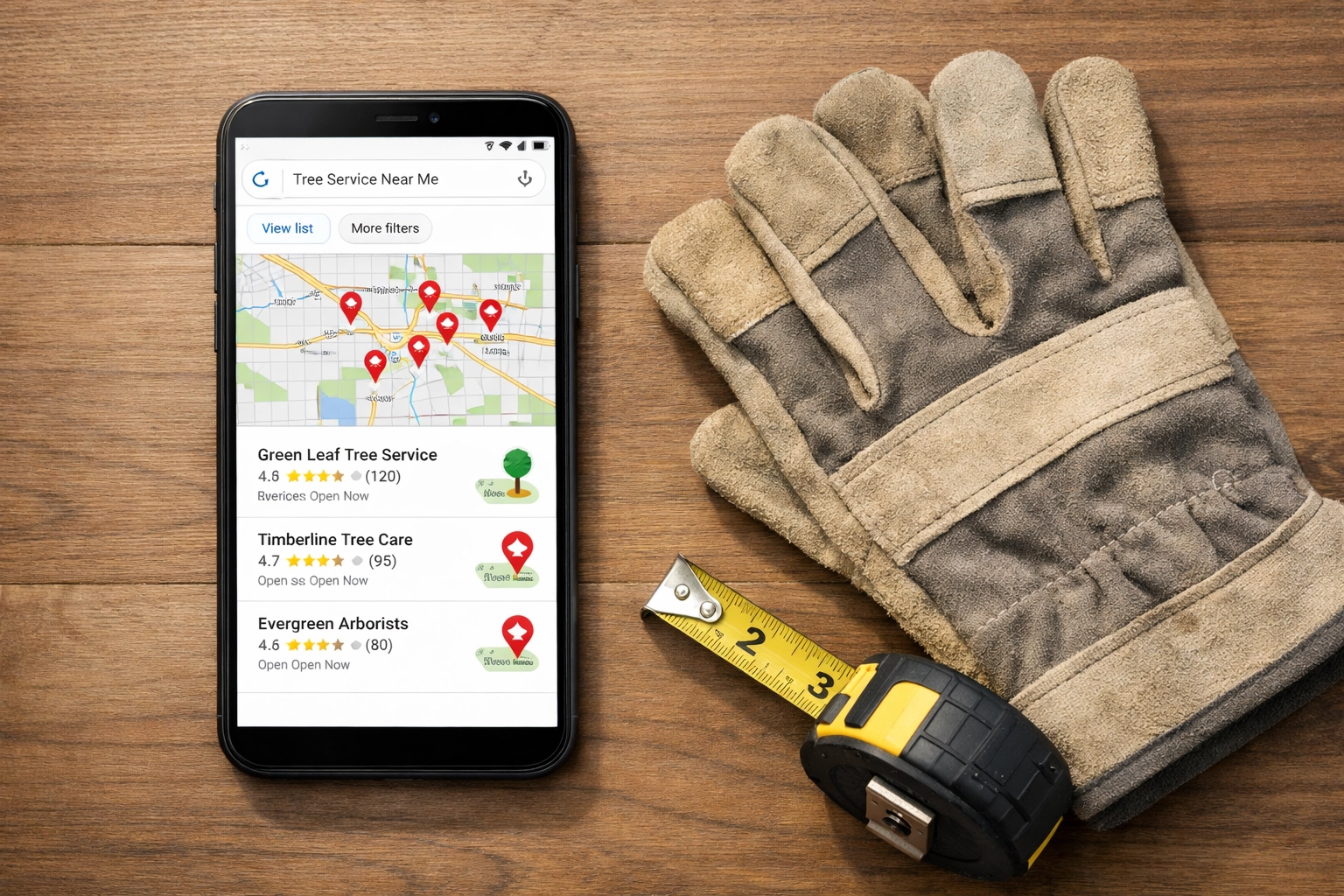 Google Maps search results showing local tree service companies on smartphone