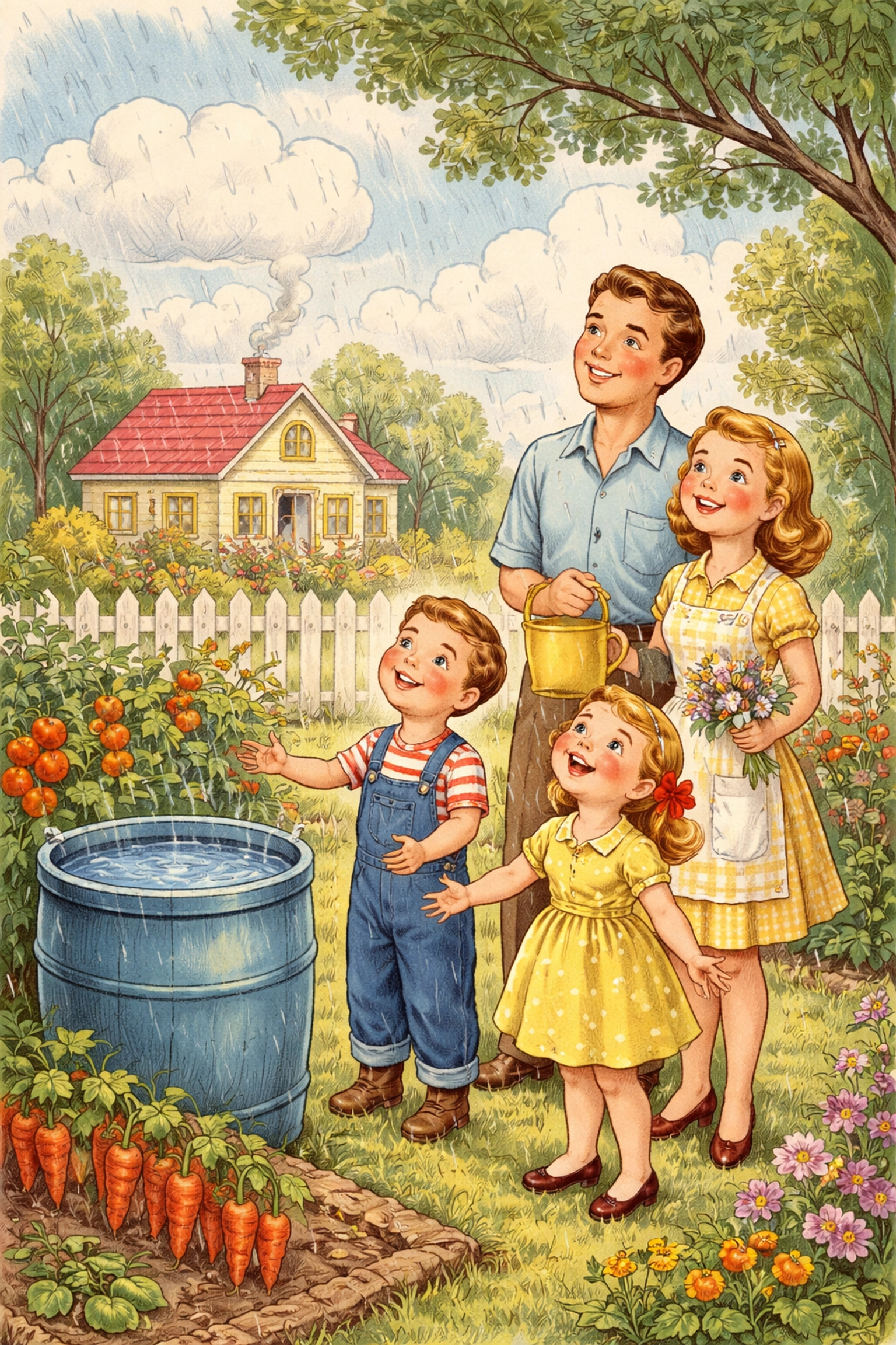 Family collects rainwater in a blue barrel during a spring rain in their backyard garden
