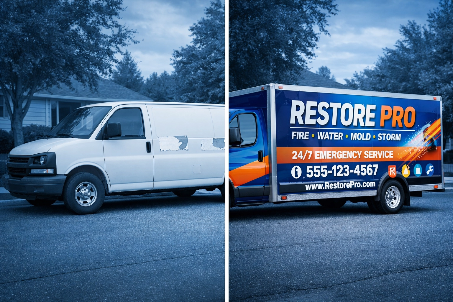 Comparison of generic white van versus professionally branded Mastertech franchise restoration truck