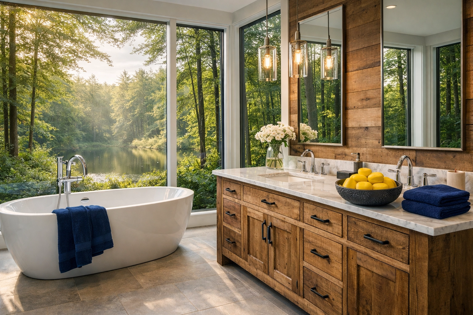 Pristine luxury house cleaning Concord MA bathroom with a view of woods near Walden Pond.