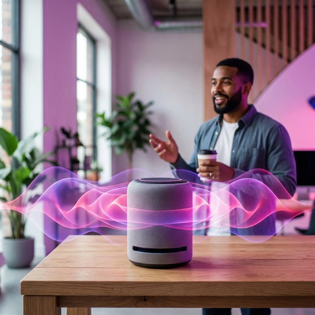 Smart speaker on office desk representing voice search optimization and conversational SEO strategies