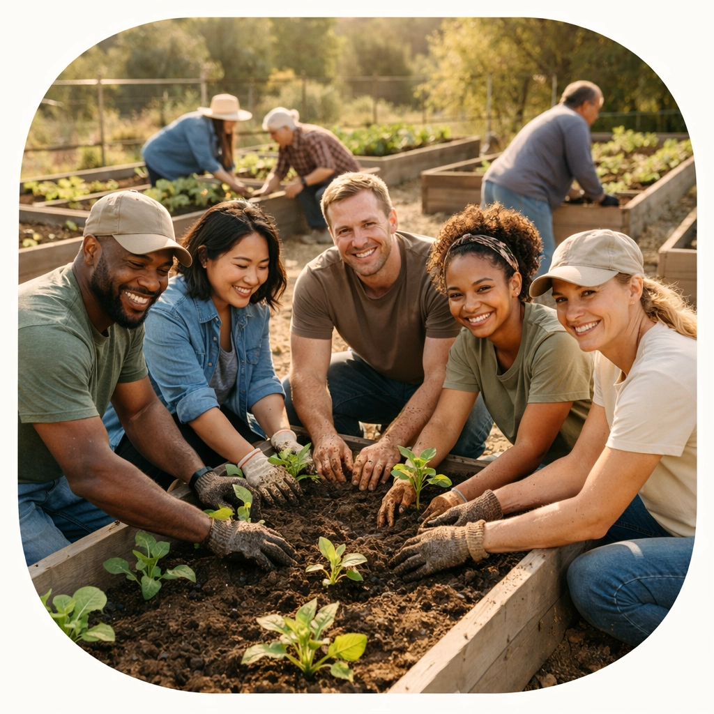 Small business team volunteering at community garden demonstrating corporate social responsibility