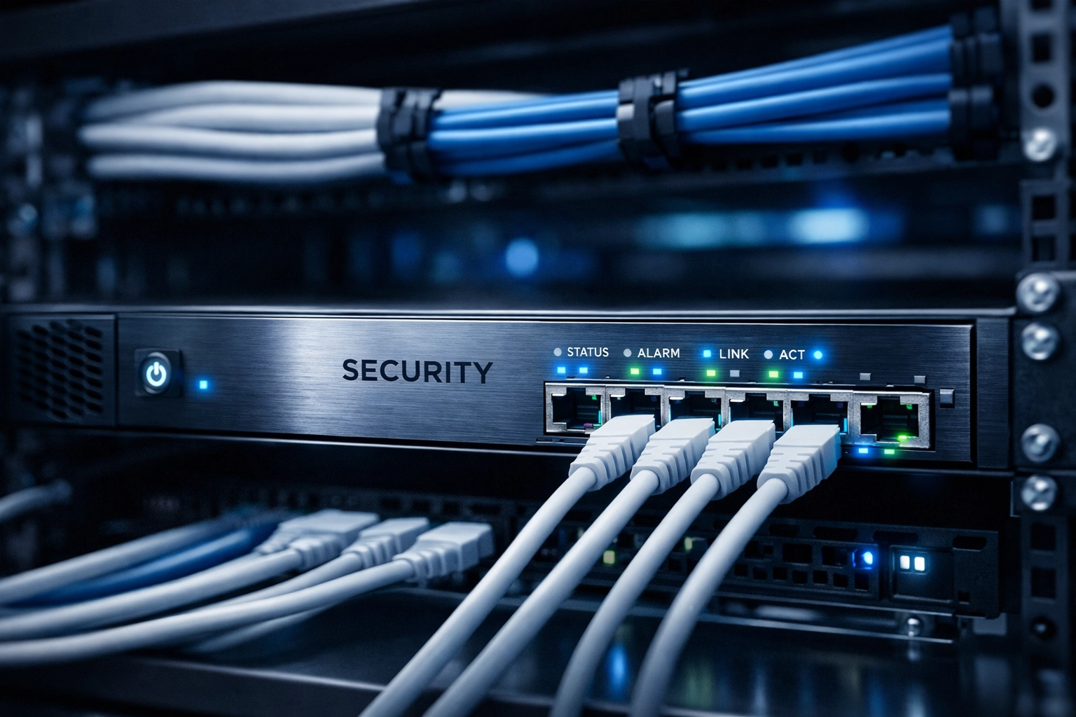 Modern network security appliance in a server rack providing high-speed firewall protection for businesses.
