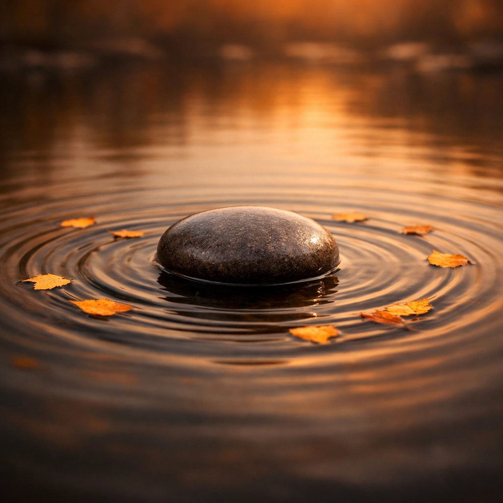 River stone with ripples in a pond, illustrating the magnetic pull of core wounds and emotional patterns.