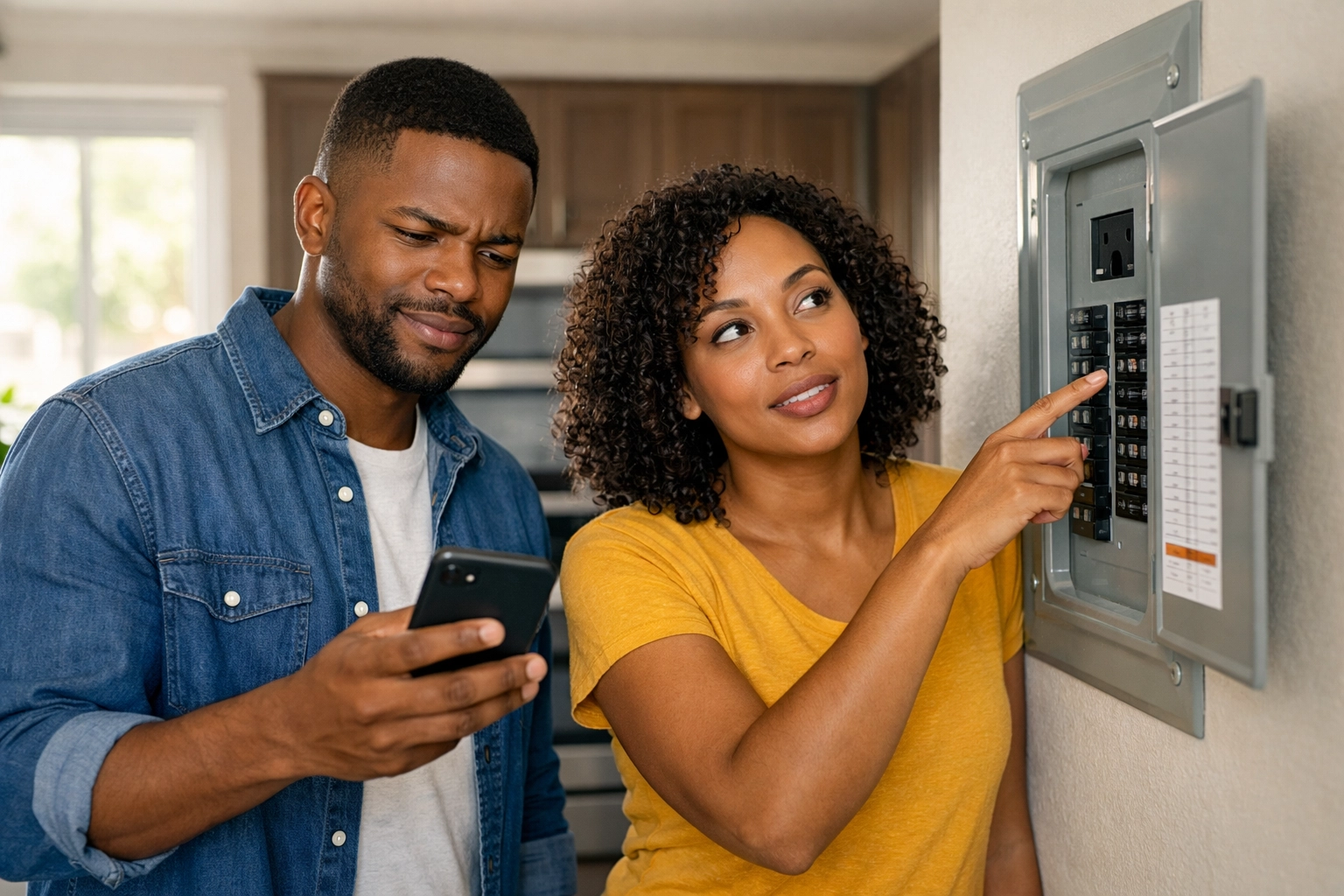 Couple examining their townhome electrical panel to understand homeowner responsibilities