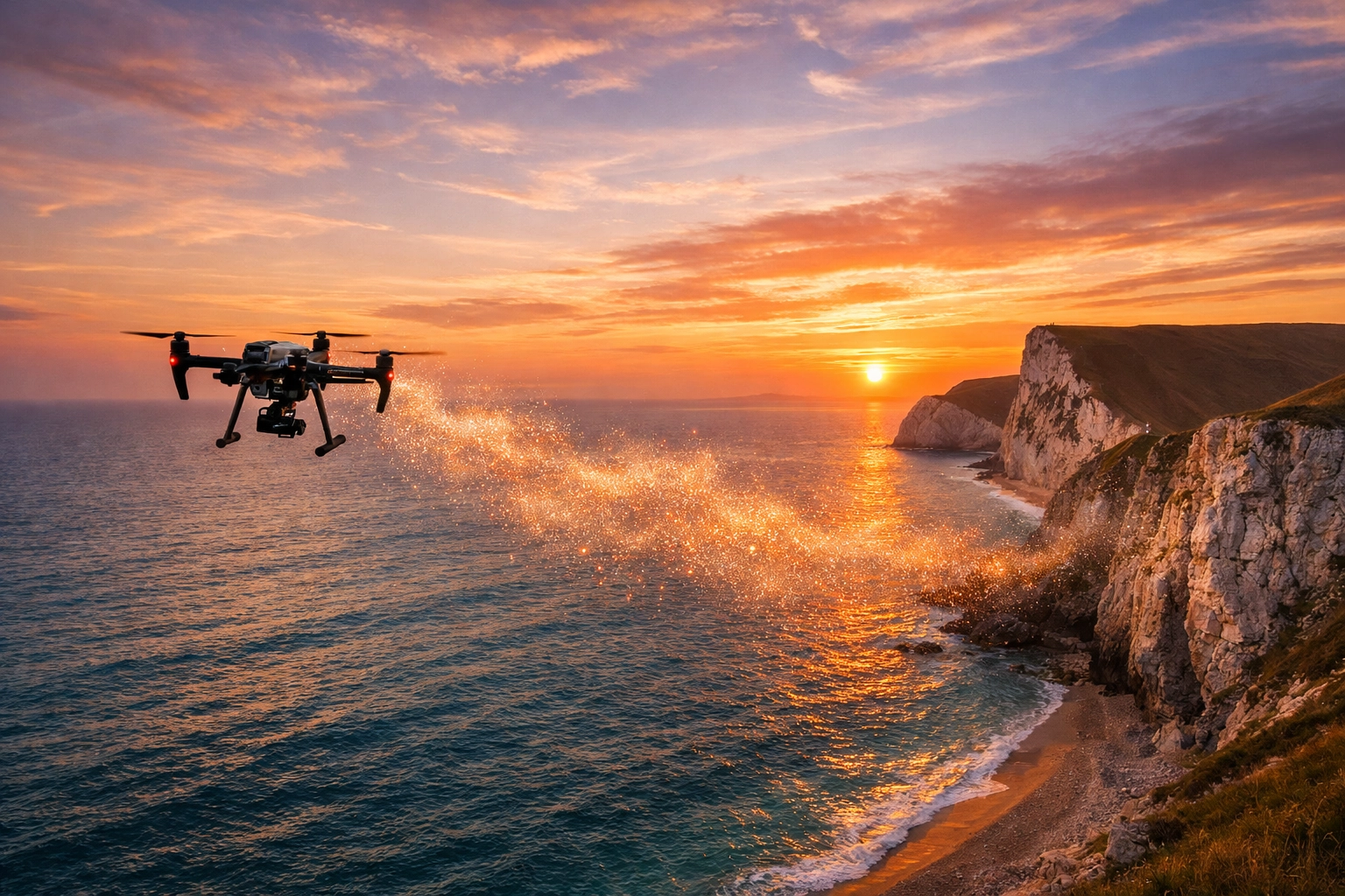 Aerial ashes scattering ceremony over the Jurassic Coast at sunset for a dignified coastal memorial.