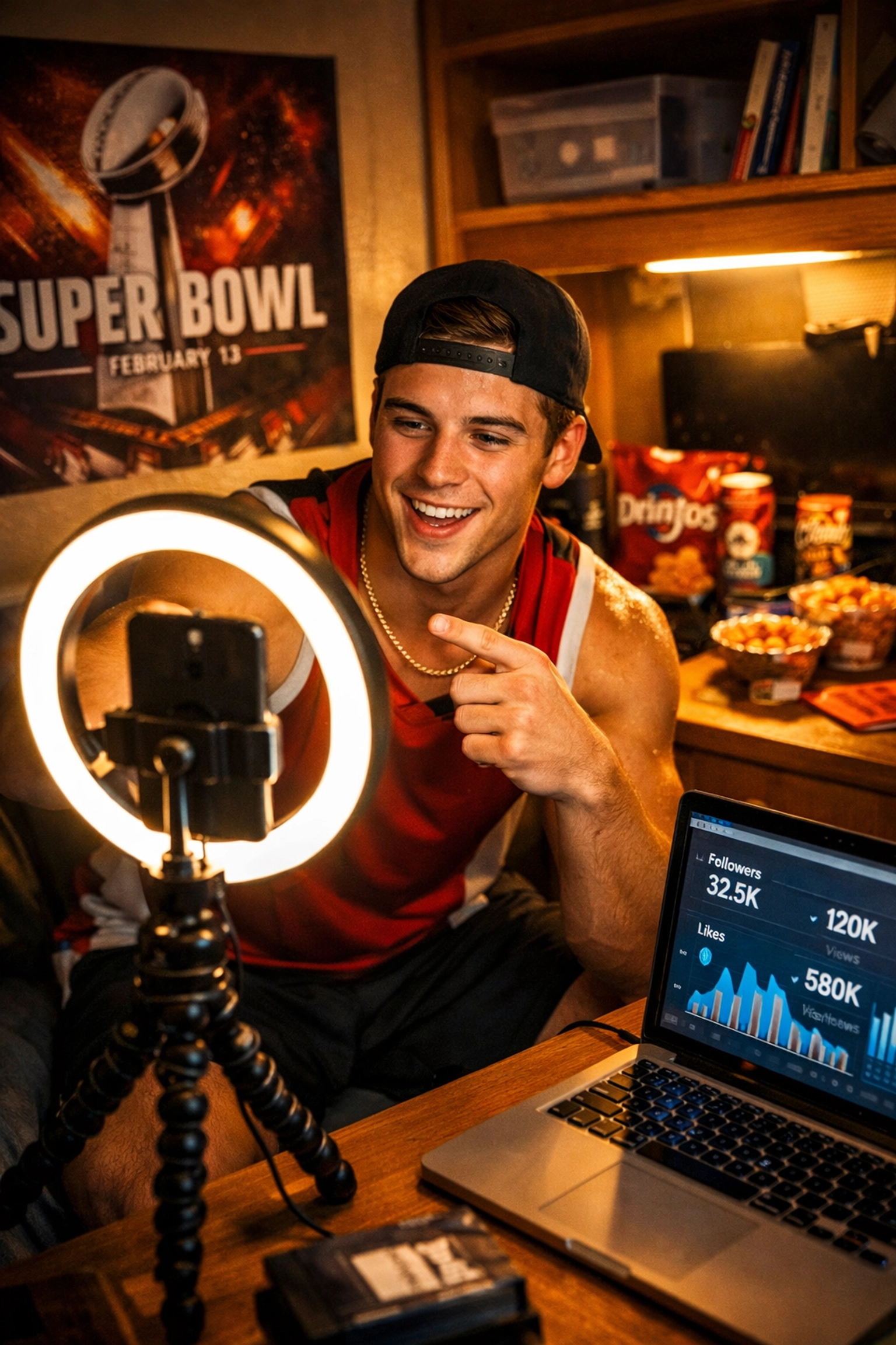 College athlete creating Super Bowl NIL content with smartphone and ring light in dorm room