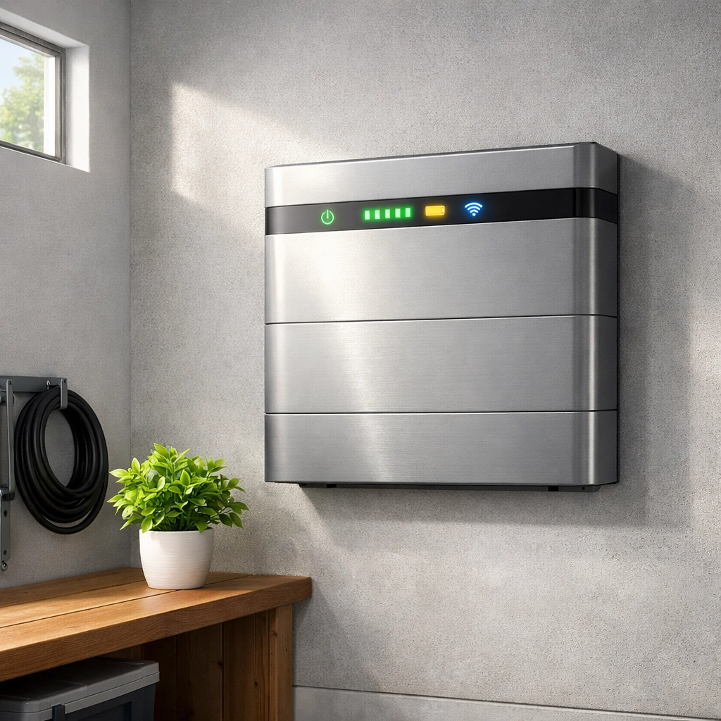 Sleek home battery storage system mounted on a garage wall for energy independence.