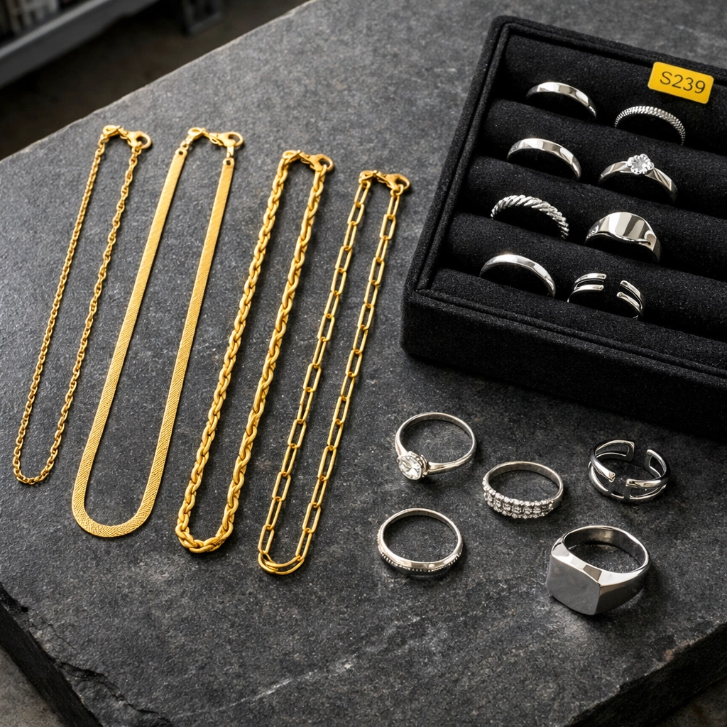 Wholesale sterling silver rings and gold necklaces displayed in a UK warehouse.