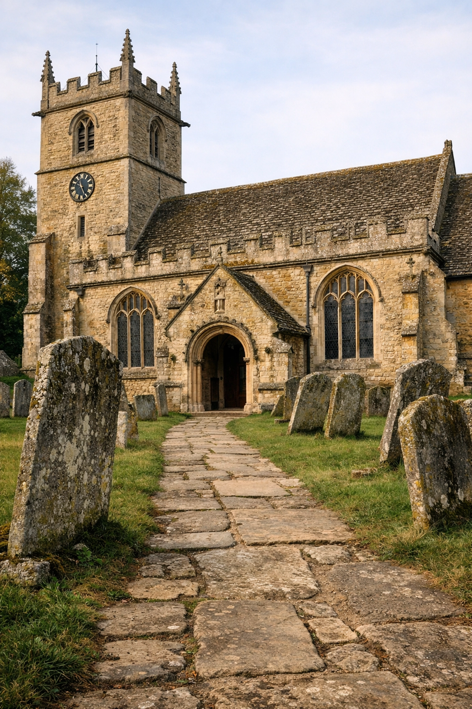 St. Kenelm’s Church in Minster Lovell featuring historic honey-colored Cotswold stone and Gothic architecture.