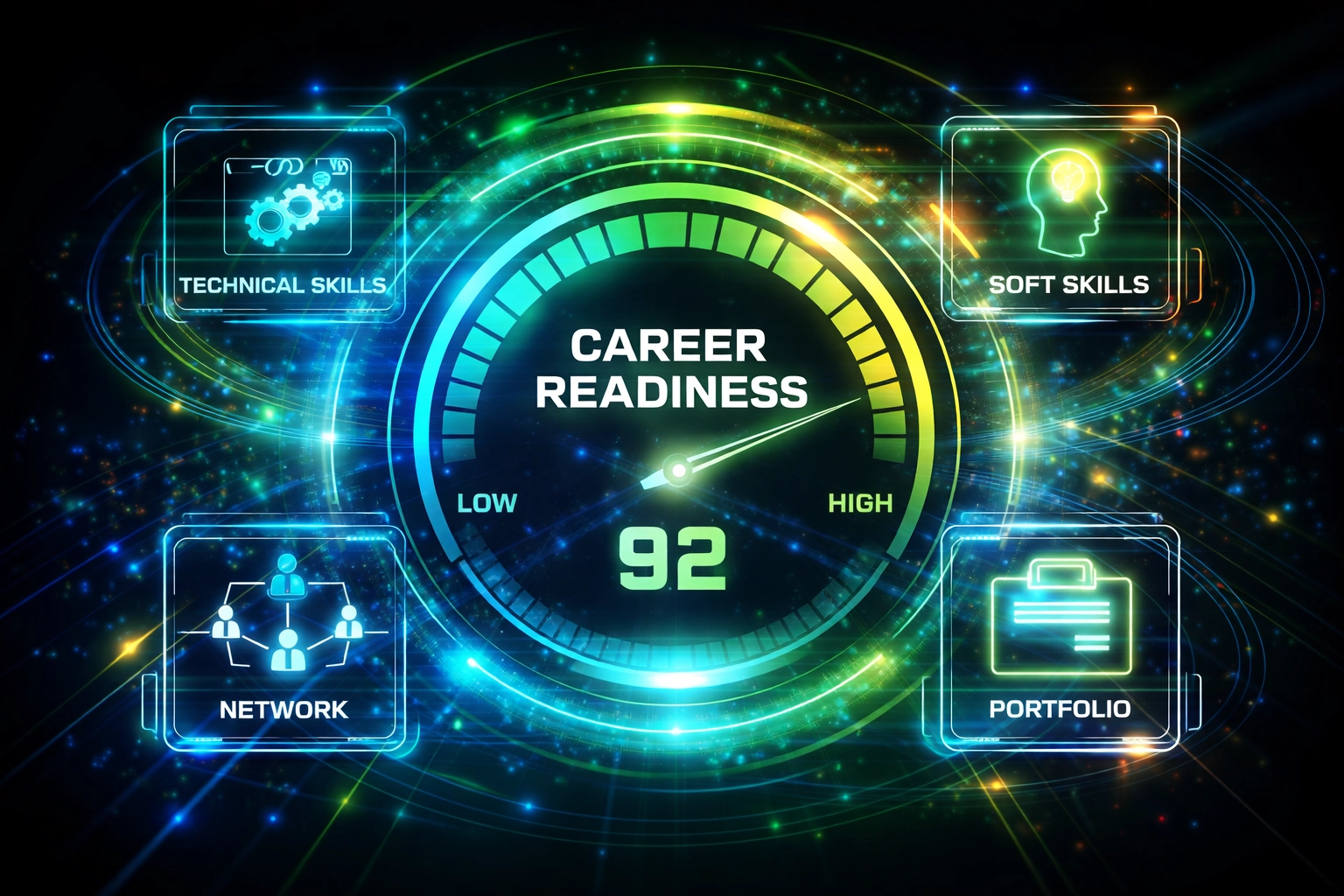Futuristic dashboard showing a career readiness score with skills, networks, and portfolio metrics for students.