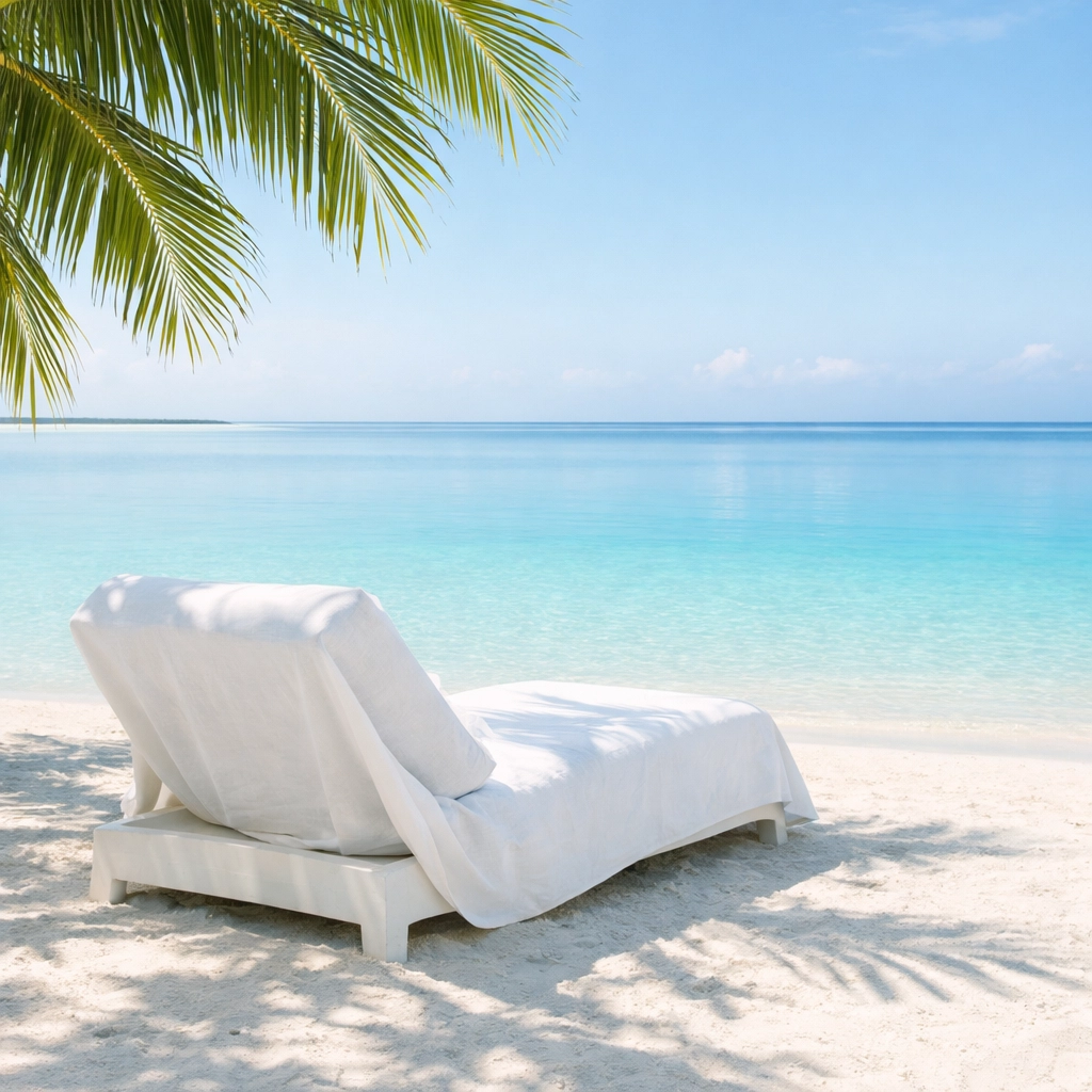 Luxury lounge chair on a private white sand beach at Barefoot Cay, Roatán.