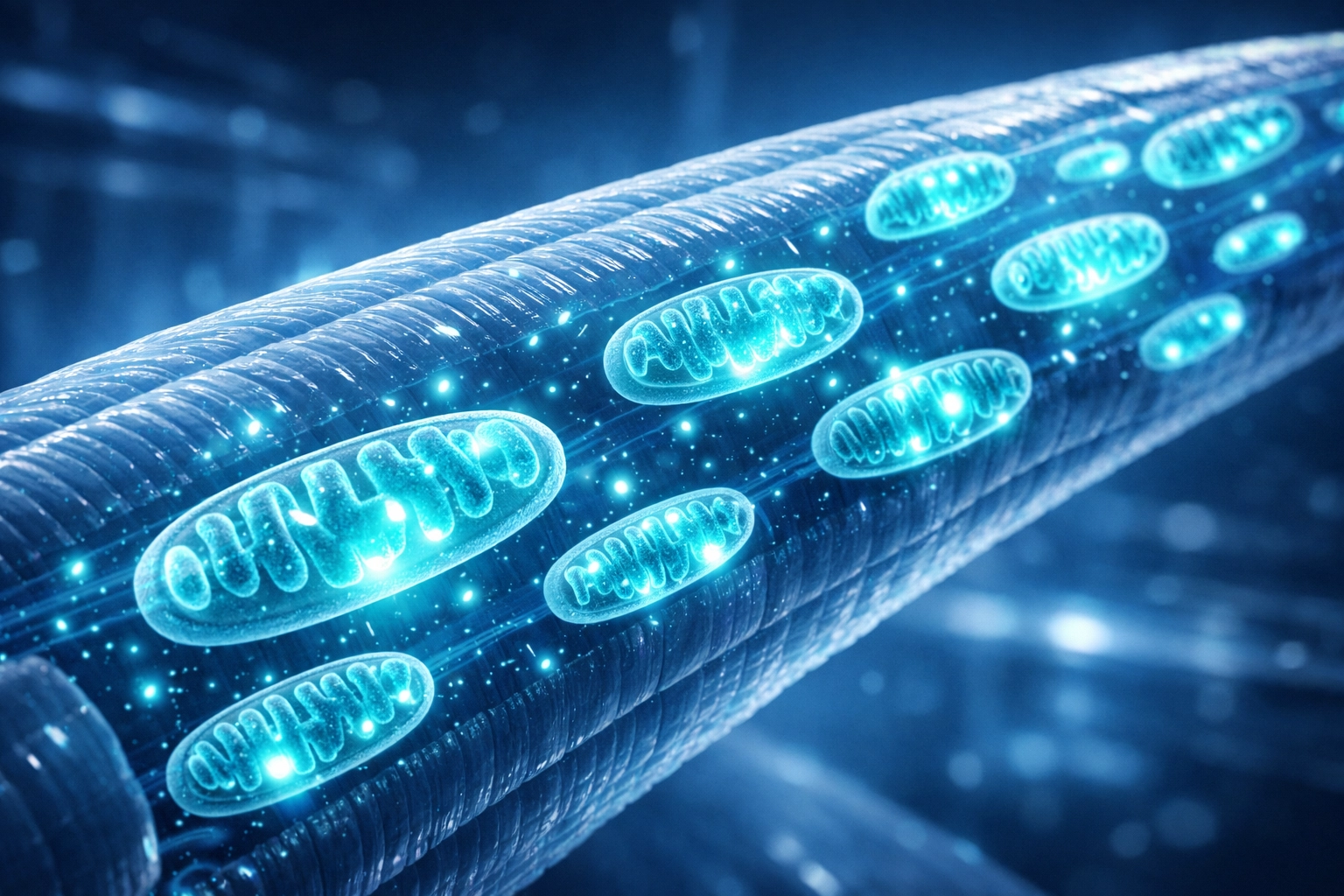 Microscopic view of muscle fibers with glowing mitochondria representing metabolic activation by MOTS-c.