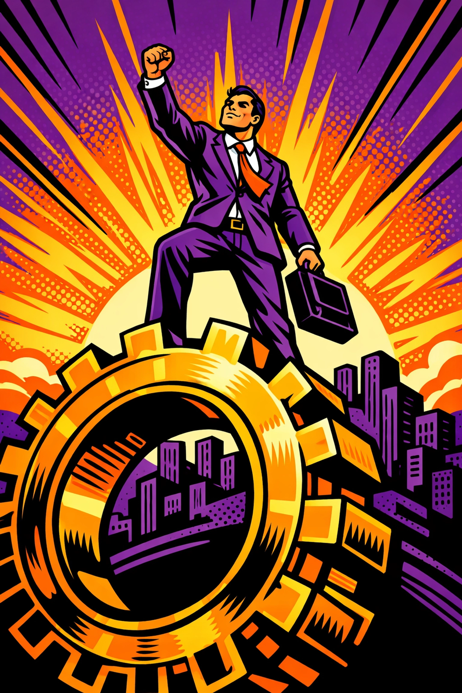Successful business owner standing on gears representing a streamlined machine powered by business automation.