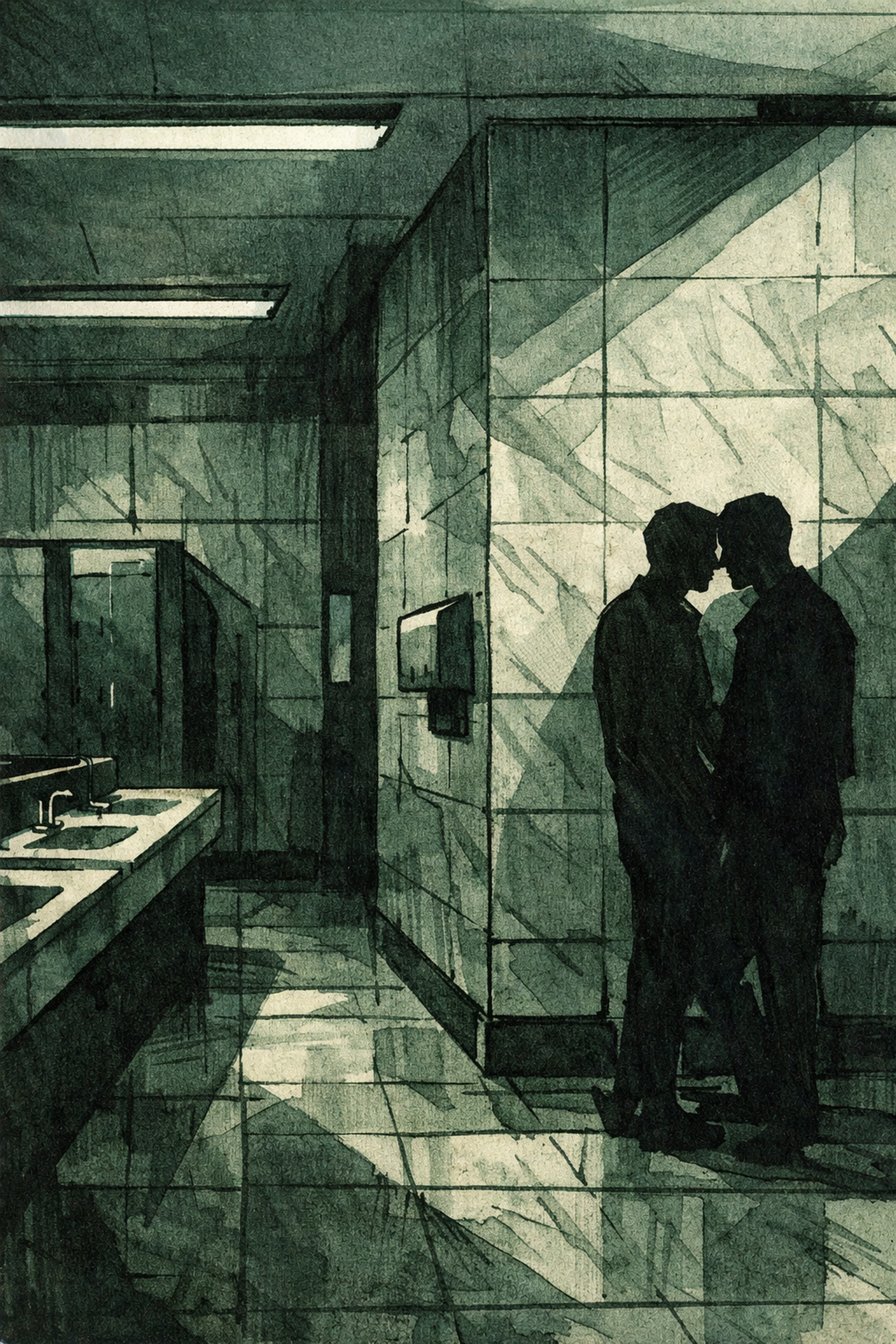 Museum bathroom interior where gay romance unfolds - public space meets private intimacy