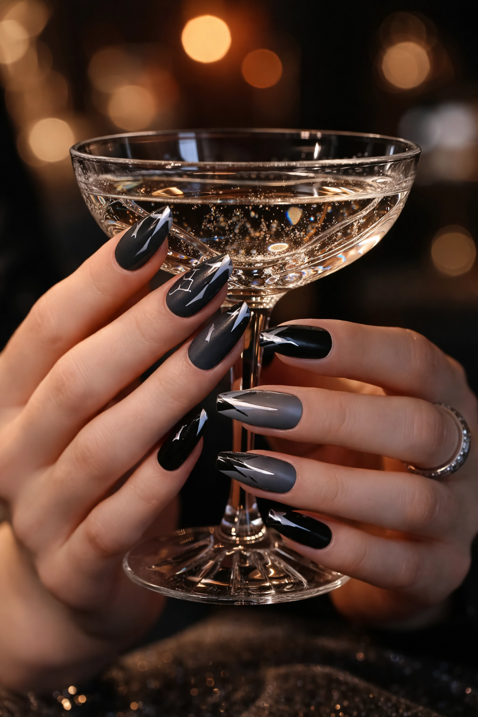 Elegant hands with geometric chrome and velvet gunmetal nail art holding a crystal glass, perfect for Norwood salon clients.