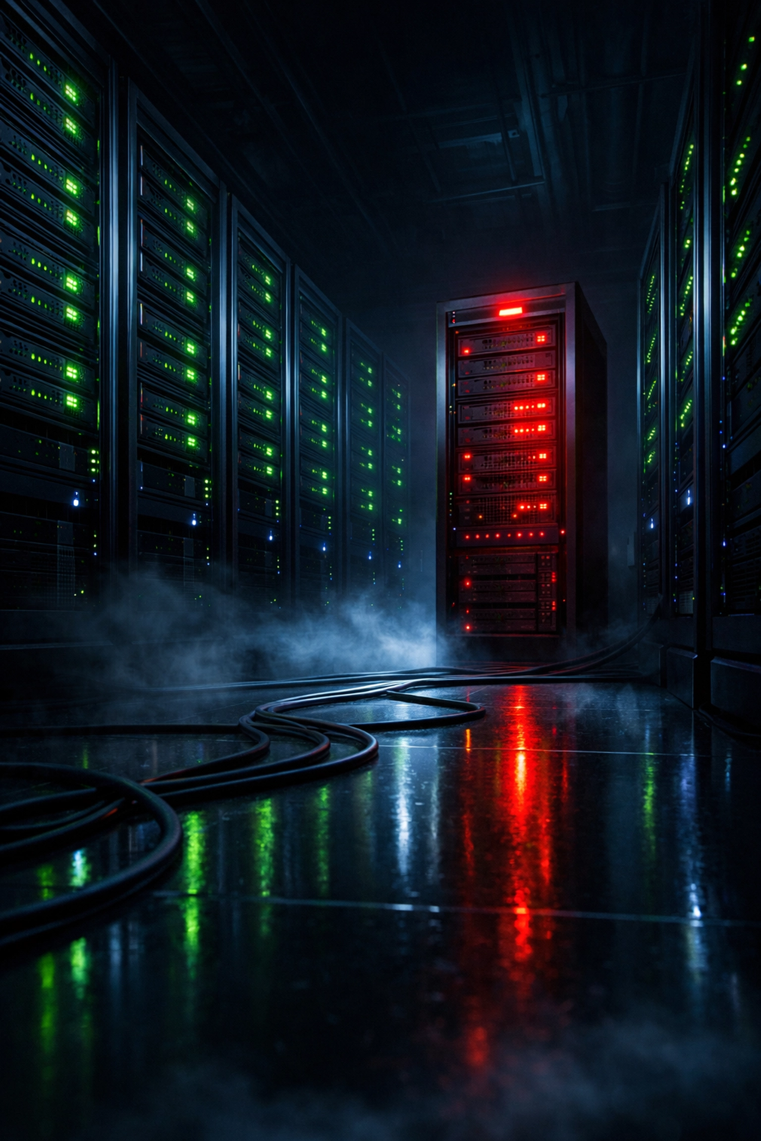 Server room showing silent backup failure with unnoticed error warning in data center