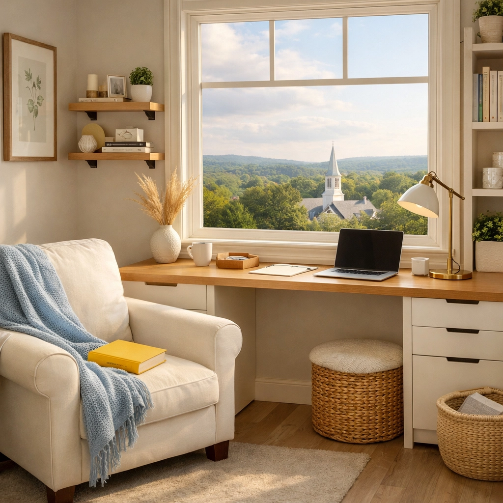 Clean and organized home office, a key benefit of recurring weekly house cleaning in Westford.