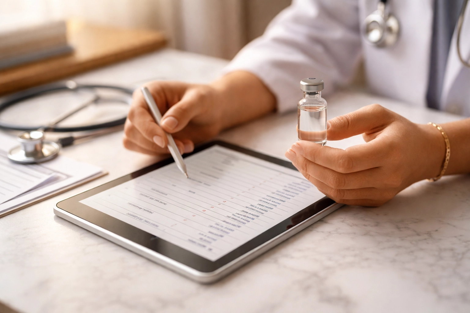 Healthcare professional reviewing hormone optimization lab results, emphasizing medical evaluation and diagnostic testing.