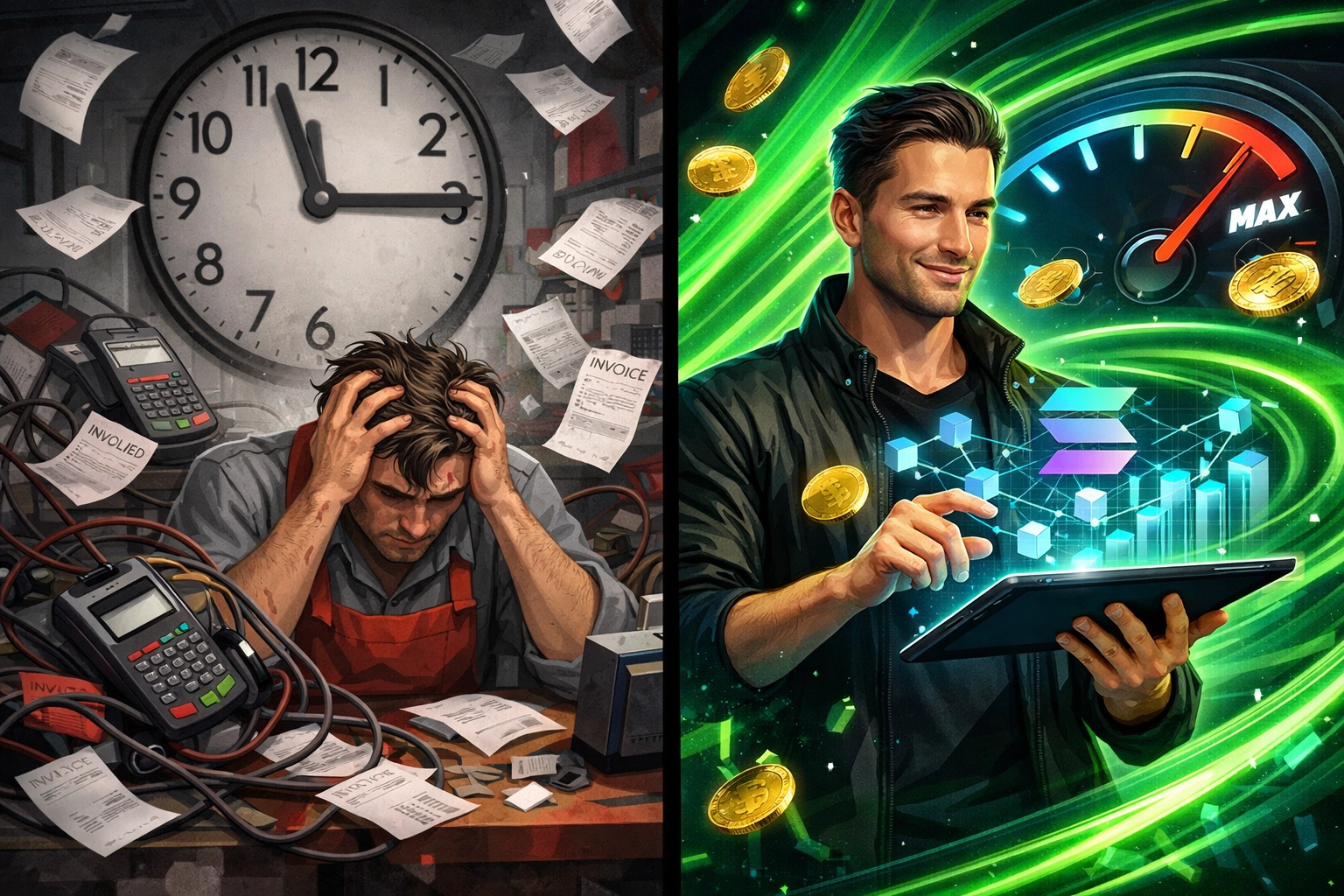 Split view comparing traditional payment processing chaos versus streamlined Web3 crypto payments