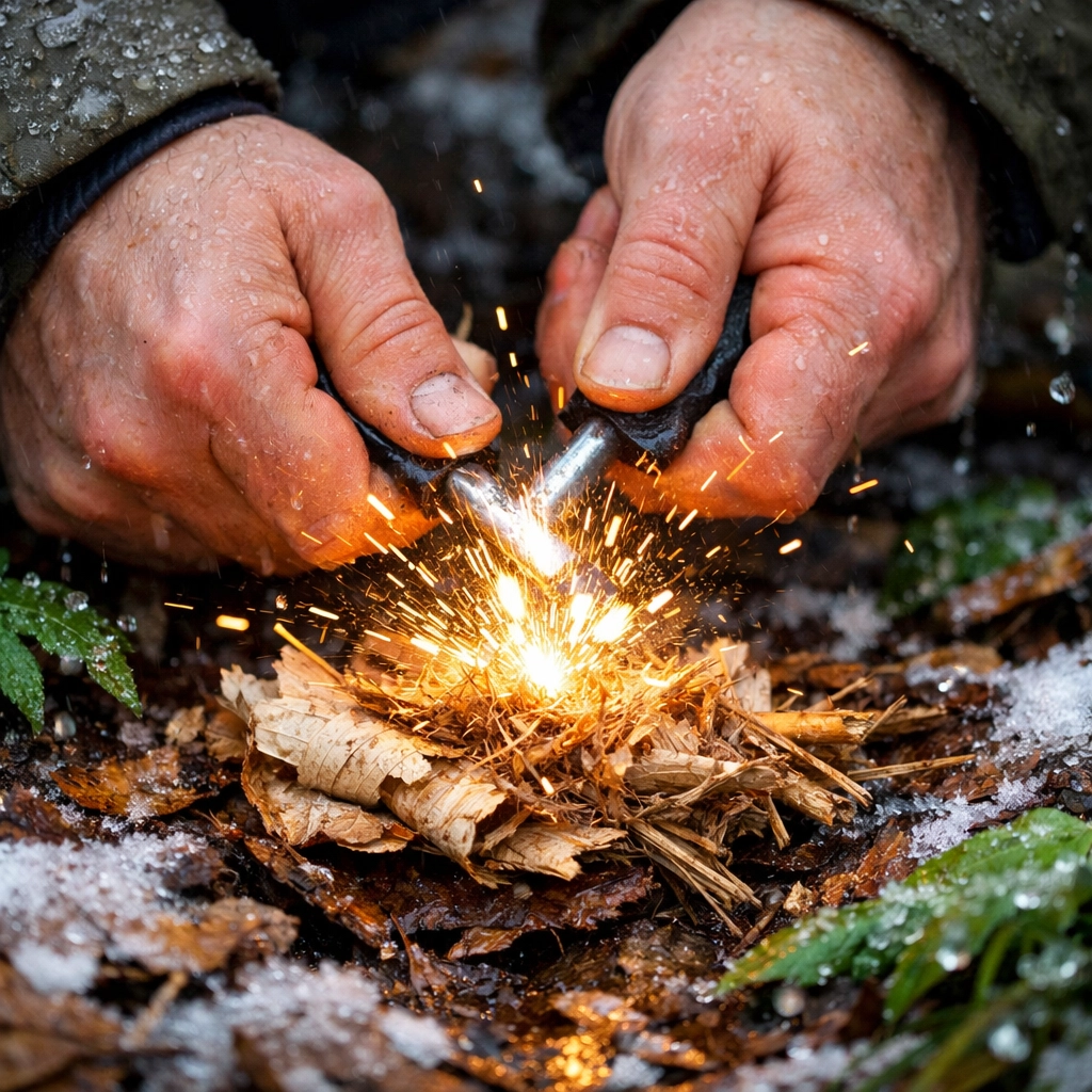 Starting a fire with ferro rod in wet winter camping conditions UK