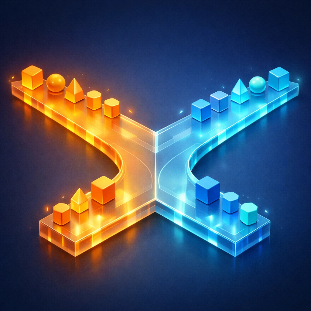 A digital pathway splitting into two directions representing Python programming logic and decision making.