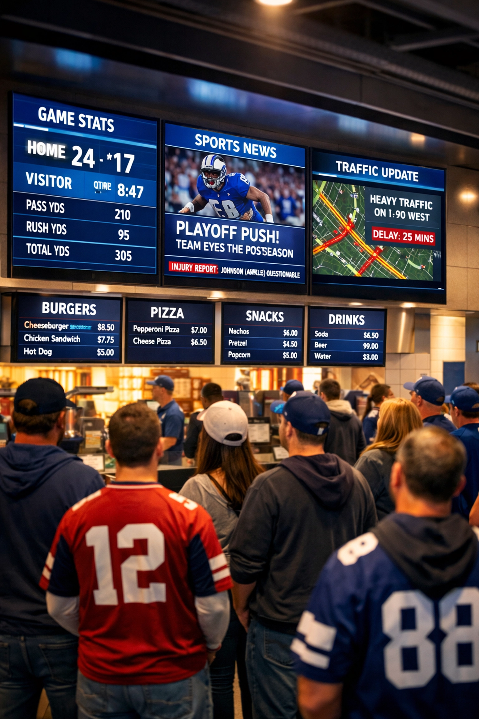 Digital signage displays engaging sports fans in stadium concession queue with live game stats