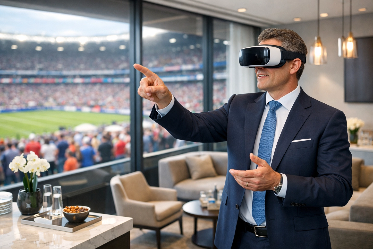 Business executive using a VR headset in a luxury corporate hospitality suite overlooking a football stadium.