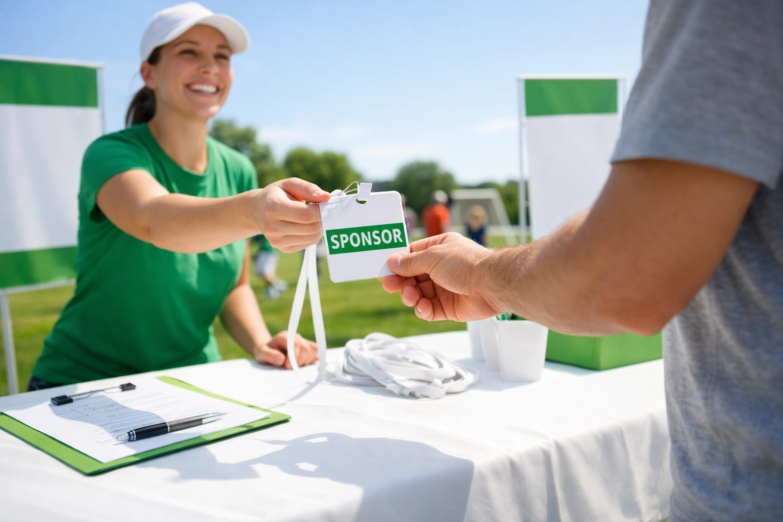 A local business sponsor badge being handed out at a community event to build authority.