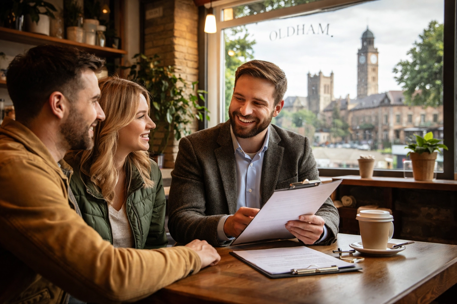 Mortgage broker meeting clients in Oldham coffee shop, highlighting personal service and local expertise