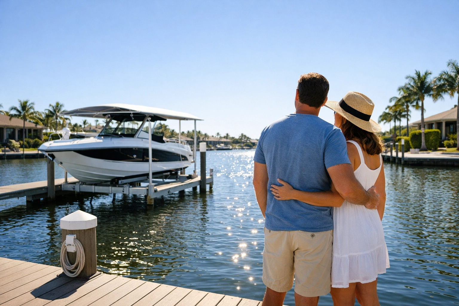 Waterfront canal living in Cape Coral where homeowners association fees support community boat docks.